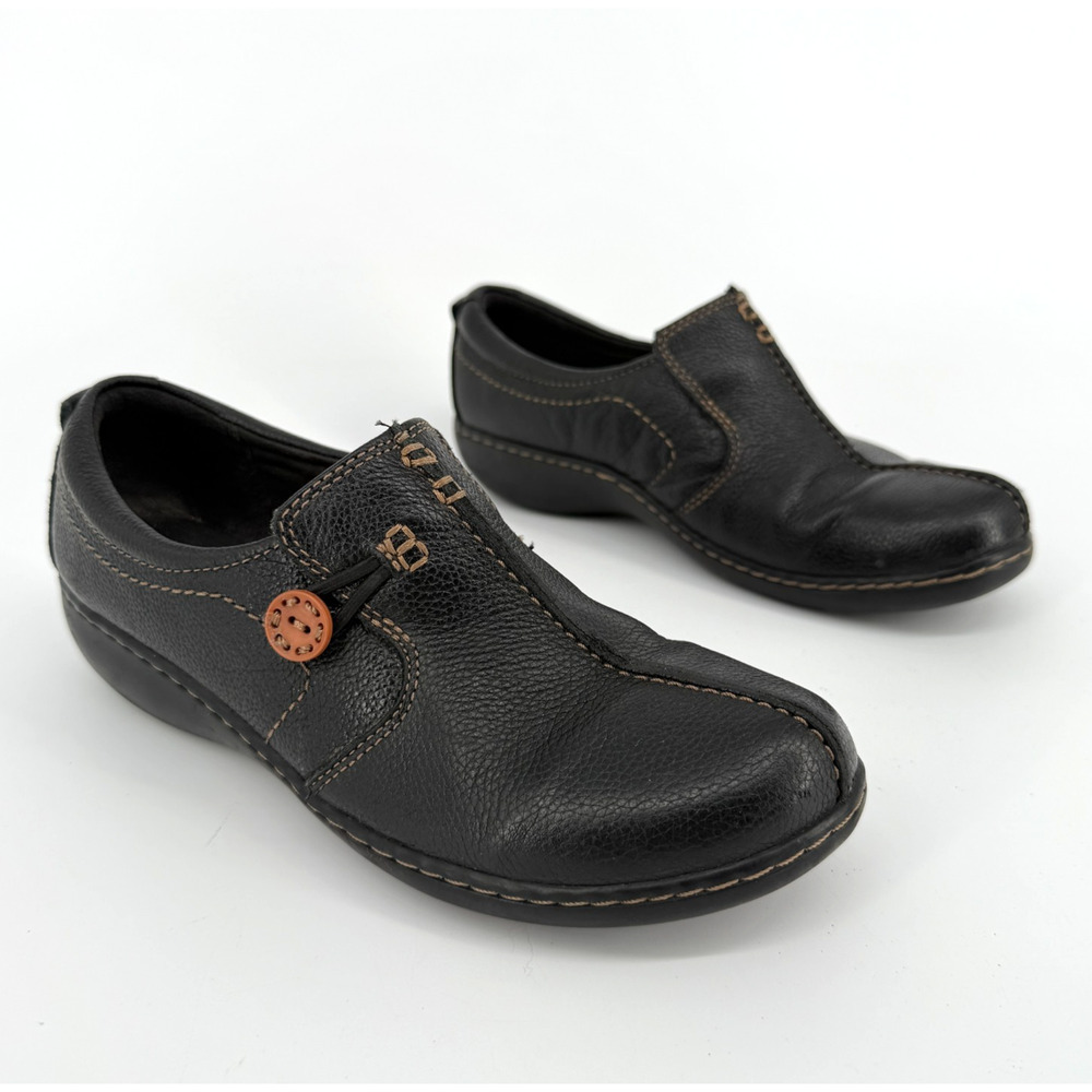 Clarks Black Leather Comfort Shoes 7.5 Slip On Booties Button Indie Y2K Cottage